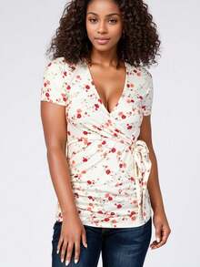 Maternity Shirt With Ditsy Floral, Polyester Fabric, Twist Knot Front Design, Suitable For Spring And Summer - Red Floral Pattern - View 6