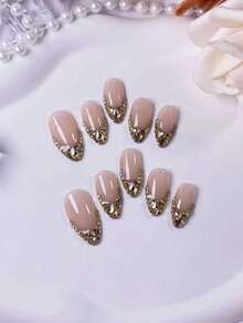10pcs Handmade Almond-Shaped Nail Stickers: Nude French Base Color Decorated With Gold Champagne Rhinestones. These Nail Stickers Are Fully Handmade, Featuring A Chic Nude French Base Color And Hand-Embedded Gold Champagne Rhinestones. Nails Nail Supplies Handmade Press On Nails - Multicolor - View 4