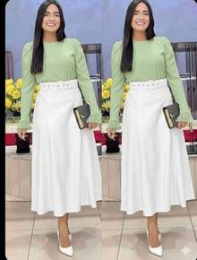 Women's Long Skirt, Godet Style, Leather Fabric With Belt Loops, Simple And Elegant, Evangelical Fashion, PU Leather, Side Zipper, Office Style - trắng - Xem 2