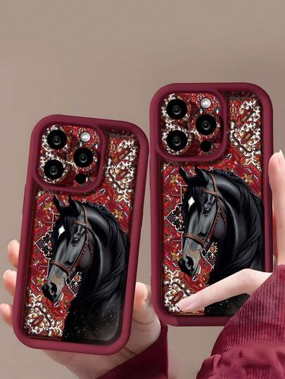 1pc Unique Red Cloth Forehead White & Black Horse Pattern Shockproof Anti-Slip Soft TPU Phone Case Compatible With Samsung/Apple 17/17 AIR/17PRO/17PROMAX 16/16PLUS/16PRO/16PROMAX