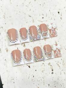 10片手工沙龙品质美甲贴片，短款可爱朋克Y2K小鸭美甲套装，裸色和白色手绘法式美甲贴片，合金心形蝴蝶结和水钻美甲饰品，可重复使用的亚克力美甲贴片，适用于婚礼派对美甲用品 - 彩色 - 查看 5