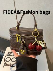 时尚新款女士优雅手提包，盒形包，高品质PU皮革菱形图案设计，带有字母印花和樱桃吊坠，适合外出、购物、约会等各种场合。 - 咖啡 - 查看 7