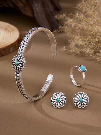 MONLOTTI ชุดเครื่องประดับต่างหู, แหวน และสร้อยข้อมือประดับด้วยเทอร์ควอยซ์ สไตล์สไตล์แอนทีคย้อนยุคตะวันตก เป็นชุดเครื่องประดับเทอร์ควอยซ์สำหรับเป็นของขวัญสำหรับผู้หญิง คำสั่งซื้อของฉันเพิ่งซื้อไป