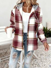 Women's Plaid Hooded Sherpa-Lined Jacket - Multiple Colors, Loose Fit, Long Sleeve, Button Front, Fall/Winter Outerwear | Minimalist Stylish Ladies' Outdoor & Home Jacket, Suitable For Teens & Adults - Đỏ - Xem 3