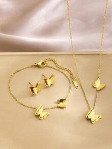 Bộ 4 món sang trọng, thời trang bằng thép không gỉ hình bướm vàng, gồm dây chuyền, vòng tay và bông tai, phù hợp cho nữ giới đeo hàng ngày, đa năng, thích hợp cho tiệc tùng, ngày lễ, hẹn hò, Giáng sinh, Ngày Valentine, Năm mới, cũng có thể dùng làm quà sinh nhật. - Vàng - Xem 3