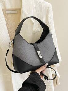 Contrasting Color Niche Design Dumpling Bag, Versatile Commuting Portable Shoulder Crossbody Bag, Handbag, Suitable For Daily Commuting, Casual Dating, Shopping - Black - View 8