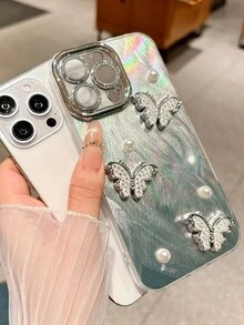 Glam Holographic Rhinestone Butterfly Phone Case - Featuring Iridescent Silver Hologram Back, 3D Crystal-Studded Butterflies, Faux Pearl Accents, Shiny Camera Lens Frame, Shockproof Clear Protective Cover, Sparkly Elegant Aesthetic, Ideal For Glitter Lovers, Feminine Style Seekers & Statement Accessory Fans - Multicolor - View 5