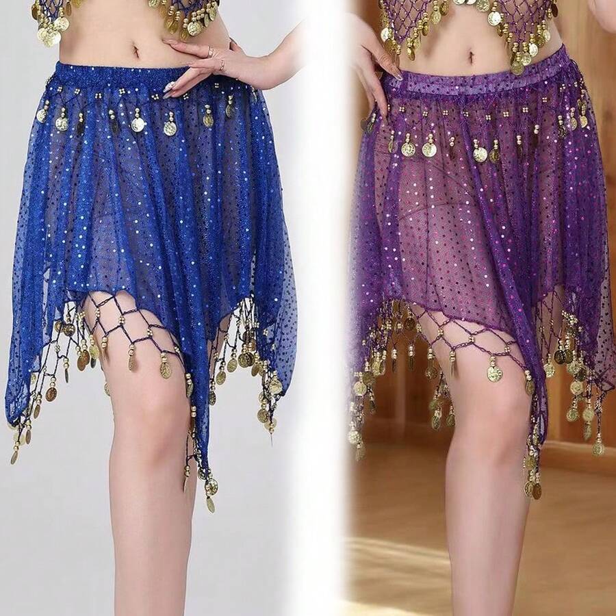 女士肚皮舞裙雪纺薄纱亮片硬币流苏裙舞蹈短裙，适合表演练习、沙滩装、嘉年华、派对。 - 彩色 - 查看 1
