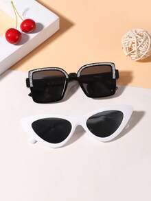 一套两副，男女童款（7-14岁）复古俏皮猫眼方形镜框时尚眼镜，适合家庭旅行