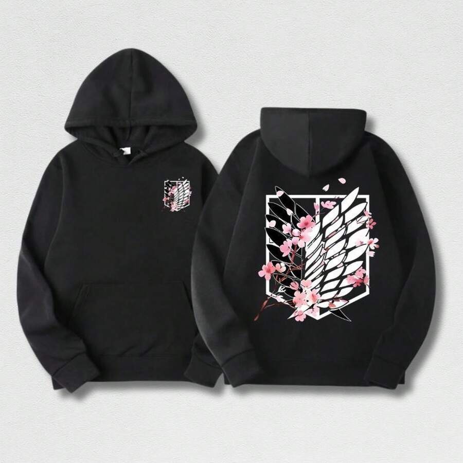 Sudadera con capucha de doble cara con icono de alas de scouts, camiseta de Ataque a los Titanes, camiseta de Scouts , mercancía de , camiseta gráfica de anime, ropa de anime, regalo para cumpleaños, aniversario, vacaciones, Navidad, Halloween - Negro - Ver 1