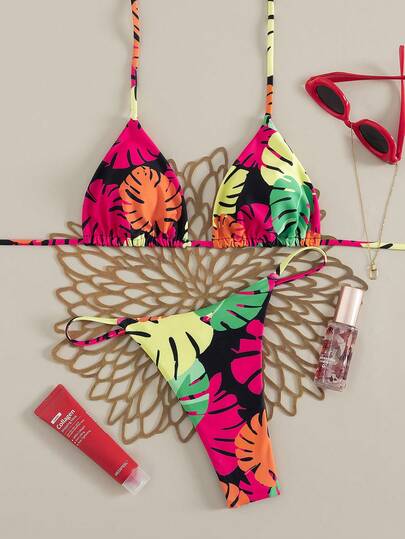 Floral Print Bohemian Tie Back Twist Cutout Backless Beach Bikini Set