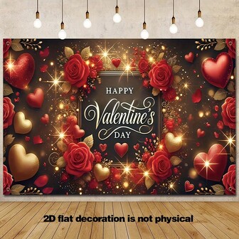 1pc Valentine's Day Backdrop Banner - Romantic Red Roses And Golden Hearts Design, Polyester, Ideal For Indoor Celebrations, Party Decor, And Photo Studio Background, Valentines Decorations