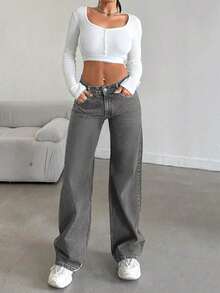 Simple Vintage Straight Leg Jeans - Mid Rise Basic Women's Pants Classic Non-Stretch Denim - 深灰色 - 查看 6