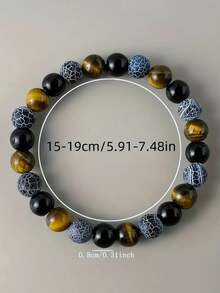 1条/波西米亚风天然虎眼石、黑曜石、裂纹珠弹力手链，男士款，适合日常佩戴，财富饰品，节日礼物 - 黑色 - 查看 4