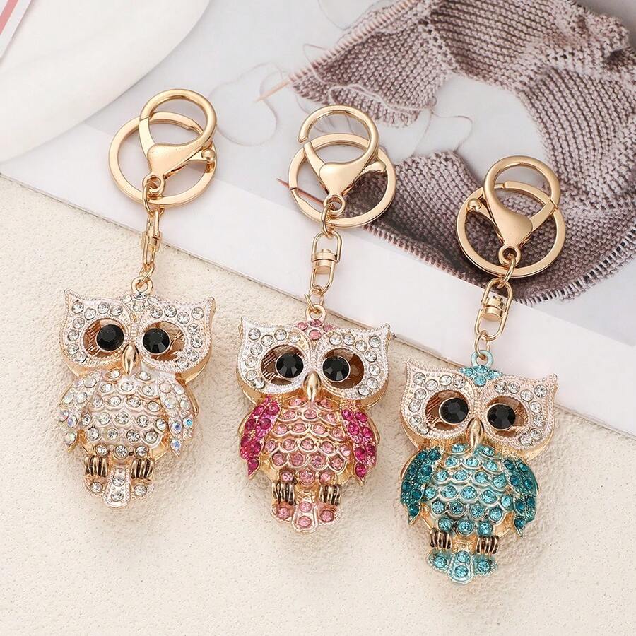 1 قطعة سلسلة مفاتيح إبداعية، حلقة مفاتيح معدنية بشكل بومة مرصعة بالراين ستون، قلادة سيارة محايدة، هدية صغيرة للصديق، الصديقة، الزميل، عيد الميلاد، الوالد، بأسلوب أوروبي وأمريكي