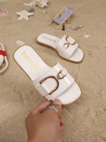 1双儿童简约PU平底休闲拖鞋，适合夏季穿着 - 米色 - 查看 2