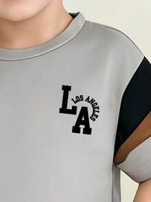 男童卡通印花圆领短袖上衣和裤子套装 - 灰色 - 查看 4