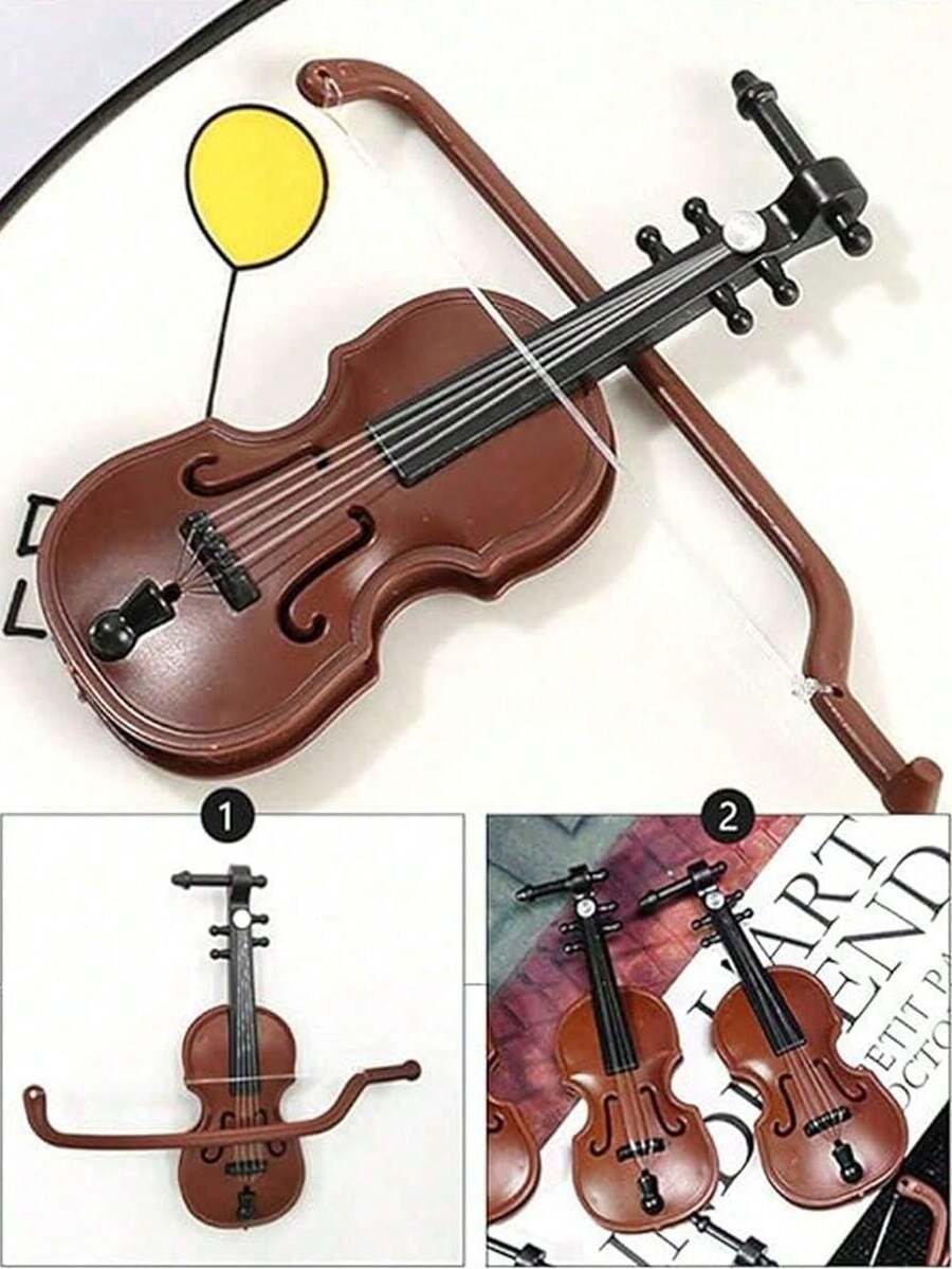 Mini Violin Model Miniature Toy, Bow And Case - Perfect Mini Musical Instrument For Dollhouse Decoration And Collectors Mini Miniature World Violin Music Instrument Scene Model Shooting Props, Vintage Imitation Violin, Family Toys - Wood Grain Color - View 1