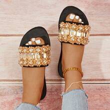 Women'S Flat Sandals Open Toe Slip On Sandals Summer Dressy Flat Fashion Slippers, Luxury Rhinestones Beaded Flip Flops - Gold - View 14