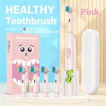 Kids Electric Toothbrush, 3 Colors Available (Blue, Pink, Yellow), Cute Dinosaur & Dolphin Design, Comes With 4 Replacement Brush Heads + Portable Travel Case, Soft Bristles For Gentle Gum Care, Easy To Operate, 600mAh Battery Capacity, Suitable For Home And Travel Use, Great Gift For Christmas, Birthday - Multicolor - View 8