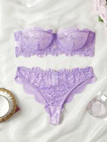 Lace Pattern Design Lingerie Set, Strapless Bra And Panty, Sexy Women's Sleepwear Set, Sexy Women's Underwear, Women's Panties, Sexy Women's Sleepwear Set, Sexy Women's Apparel, Sexy Lingerie Set, Women's Lingerie Set, Women's Set - Purple - View 2