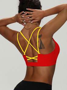 Women's Solid Color Round Neck Criss-Cross Removable Padded Fashionable Knit Sports Bra Spring - Multicolor - View 5