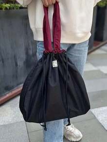 Large Capacity Reusable Drawstring Gym Bag Handbag, Portable Foldable Washable Shopping Bag, Solid Color Lightweight Women's Tote Shoulder Bags Grocery Bag - 墨綠色 - 查看 3