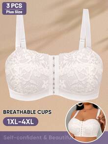 MEIYATING 3pcs/Set Plus Size Women Floral Lace Front Closure Soft Comfortable Everyday Thin Cup Bras - Multicolor - View 7