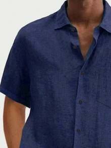 Plus Size Men's Casual Basic Button-Down Lightweight Short Sleeve Shirt - Navy Blue - View 3