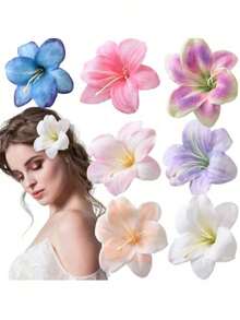 7 件套夏威夷花朵发夹，百合花装饰发夹，仿花发夹，波西米亚风侧刘海夹，甜美海滩度假发饰，优雅花朵鳄鱼夹，海滩拍照道具，适合休闲佩戴和日常造型，也适合情人节日常佩戴，爪夹，发夹，发卡，接发，假发片，头部饰品 - 彩色 - 查看 1