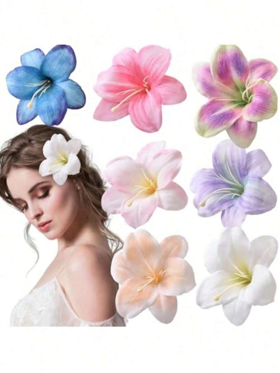 7 件套夏威夷花朵发夹，百合花装饰发夹，仿花发夹，波西米亚风侧刘海夹，甜美海滩度假发饰，优雅花朵鳄鱼夹，海滩拍照道具，适合休闲佩戴和日常造型，也适合情人节日常佩戴，爪夹，发夹，发卡，接发，假发片，头部饰品 - 彩色 - 查看 1