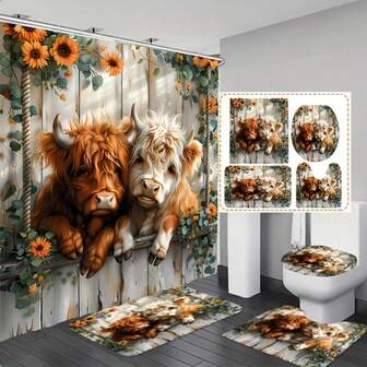 Perfecto para amantes de los animales, juego de baño con estampado de vaca, incluye 1 cortina de ducha, 3 alfombras y 4 ganchos