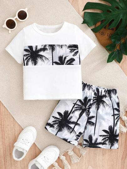 Toddler Boys' Coconut Tree Print Short Sleeve Casual T-Shirt And Shorts Set, Suitable For Outdoor, Beach, Casual Wear
