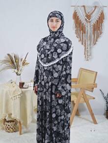 Women's Elegant Hooded Prayer Dress Full Length With Long Regular Sleeves And Ruffle Detailed Neck In Woven Fabric