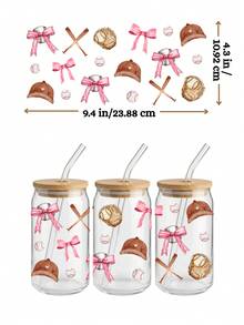 4 件装 Coquette 基督教与运动 UV DTF 杯贴，适用于 16 盎司玻璃杯，粉色蝴蝶结棒球垒球转印贴纸，宗教信仰 DIY 贴纸（9.4x4.3 英寸） - Coquette01 - 查看 5