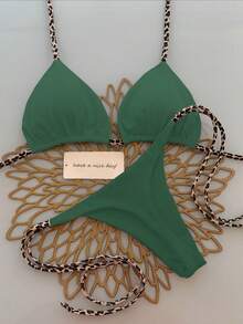 2pcs Minimalist Sexy Halter-Tie Leopard Print Women's Bikini Swimsuit - Dark Green - View 1