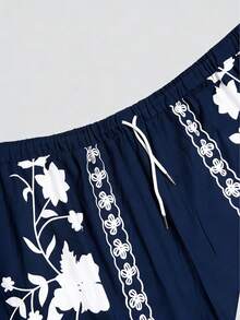 AICJ 2 pièces Ensemble de pyjama à imprimé floral pour hommes - Chemise à manches courtes avec col et poches, Short à cordon de serrage, Tissu en maille, Printemps/Été, Vacances/Plage, Cadeau d'anniversaire pour petit ami - Bleu marine - Voir 6