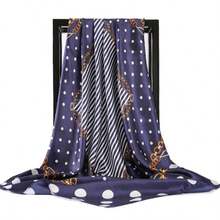 Women's Large Square Satin Scarf 90x90 Chic Polyester Printed - Navy Blue - View 2
