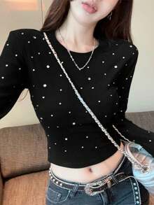 Rhinestone Decor Round Neck Long Sleeve Cropped T-Shirt For Women, Early Autumn - Black - View 2