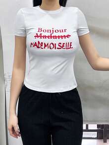 Round Neck Short Sleeve T-Shirt, American Style Baddie, Summer New Letter Print, Slim Fit Cropped Women's Top - White - View 2