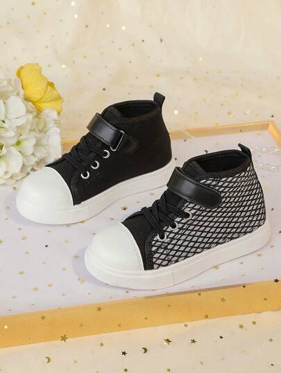 Girls' High-Top Casual Sports Shoes, Fashionable Silver Glitter Small White Shoes, Black Silver Mesh Party Shoes, Comfortable Lightweight Outdoor Camping Running Shoes, Student Versatile Daily Breathable Soft Bottom Flat Casual Shoes