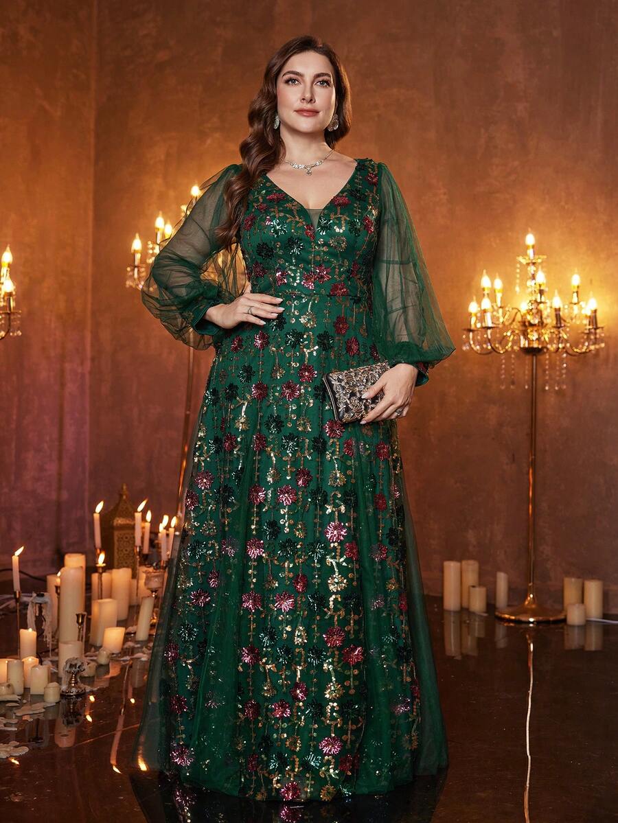 [Mẫu in ngẫu nhiên] UNITHORSE Đầm dạ hội maxi ôm sát, cổ chữ V, tay phồng, đính sequin và lưới tương phản, dành cho nữ cỡ lớn. - Màu xanh lá cây đậm - Xem 1