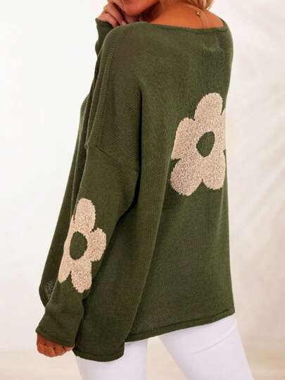 Plus Size Women Loose Off-Shoulder Knit Sweater, Elegant Casual Jacquard Pattern Long Sleeve Pullover, Suitable For Spring And Autumn, Fits Casual And Formal Occasions (Office, Party, Daily Wear), Fashionable Design For Fashion Enthusiasts