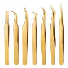 1/7Pcs Professional Eyelash Extension Tweezers Set Decor Anti-Static Dolphin Peacock Butterfly Lash Extension Precision Straight Curved Tweezers Cosmetic Makeup Tools - Gold - View 2