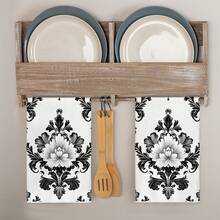 2pcs Elegant Black & White Damask Floral Kitchen Towels - Vintage Polyester Hand Towels, 16x24 Inch, Ideal For Farmhouse Decor & Holiday Use, Hand Wash Only, Kitchen Dish Towels, Napkins, BBNNI15PEA69 - 白色 - 查看 5