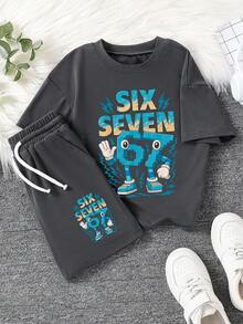 Tween Boy Cartoon Graphic Print Crew Neck Short Sleeve T-Shirt And Shorts Set - Dark Grey - View 1