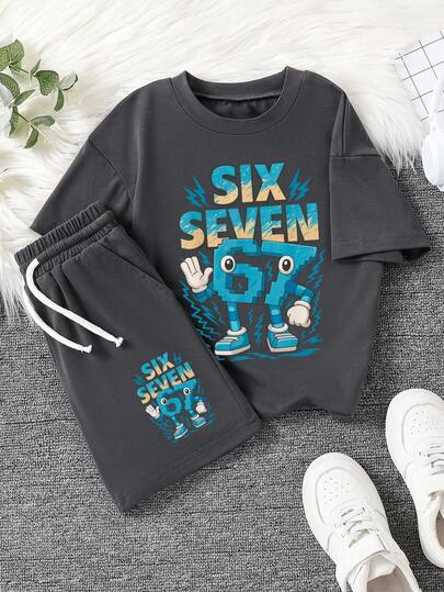 Tween Boy Cartoon Graphic Print Crew Neck Short Sleeve T-Shirt And Shorts Set