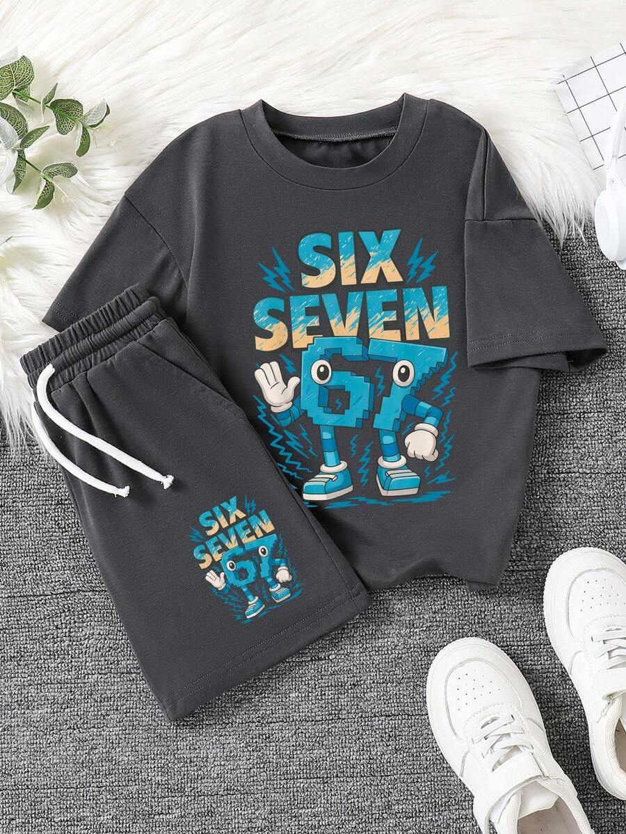 Tween Boy Cartoon Graphic Print Crew Neck Short Sleeve T-Shirt And Shorts Set - Dark Grey - View 1