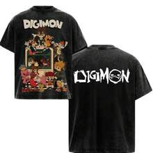 Camiseta Vintage Lavada de Anime  Adventure con Doble Impresión - Camiseta Unisex Oversize de Anime Manga de Algodón Pesado - Negro - Ver 1