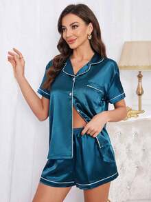 Contrast Piping Satin PJ Set / Pajama Set - 綠色 3 - 查看 4